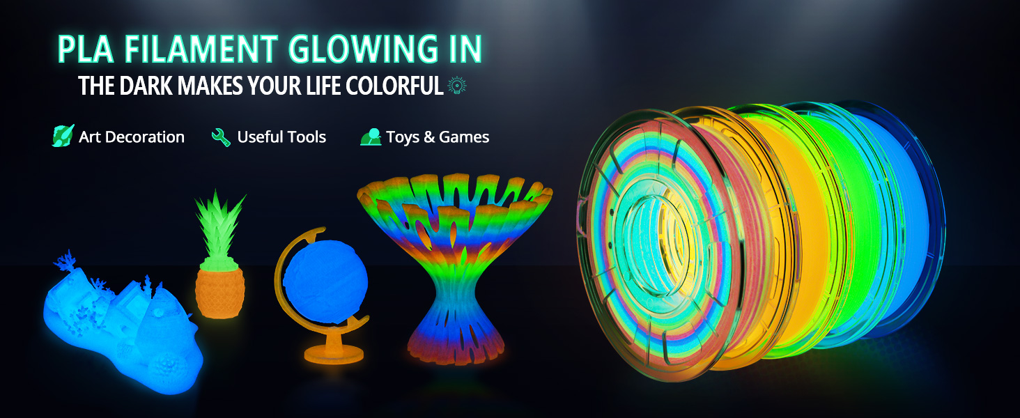 Glow in The Dark Filament, Tronxy 3D Printer Filament Multicolor, Green, Blue and Orange, 3D