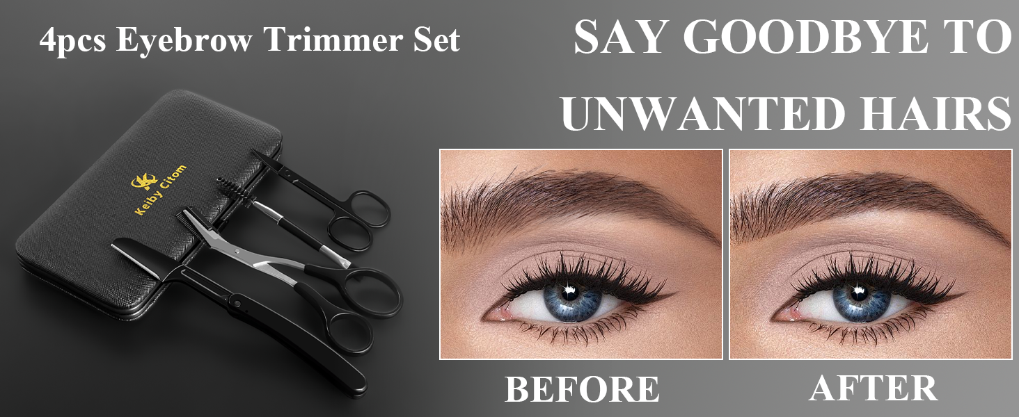 Eyebrow trimmer set with scissors, tweezers, and razor in black pouch. Before and after images show eyebrow grooming results on blue eyes.