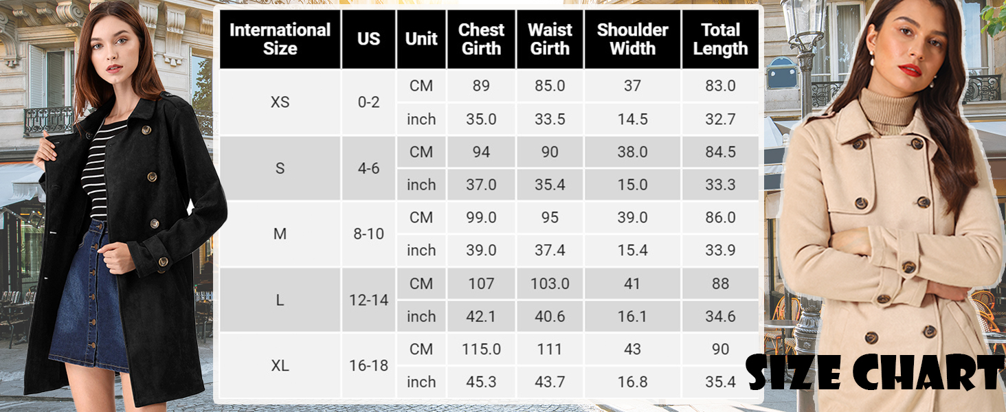 Size chart for women's coats, displaying measurements for XS to XL sizes. Two models wearing trench coats in black and beige colors.
