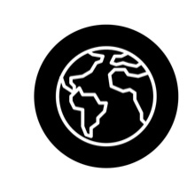 Icône simple en noir et blanc d'un globe ou de la Terre, montrant les continents, sur un fond circulaire.