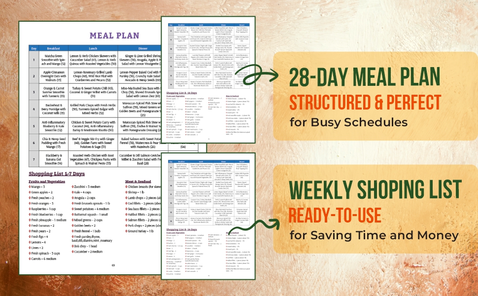 28 Day Meal plan and Shopping list of Anti - Inflammatory Diet cookbook for Beginners