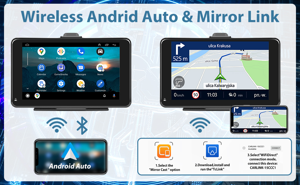 Wireless CarPlay Android Car Mirror Link, 7 Inch Touchscreen Monitor