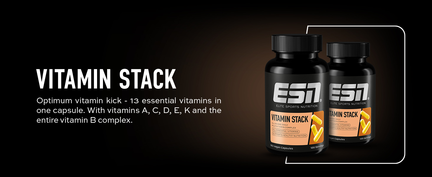 ESN Vitaminergänzungsflaschen auf dunklem Hintergrund mit dem Text „VITAMIN STACK“
