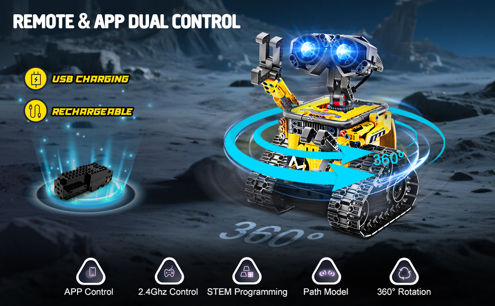 Text reads 'REMOTE & APP DUAL CONTROL'. Product image shows a blue-lit remote control toy tank or vehicle on terrain with interface icons below.