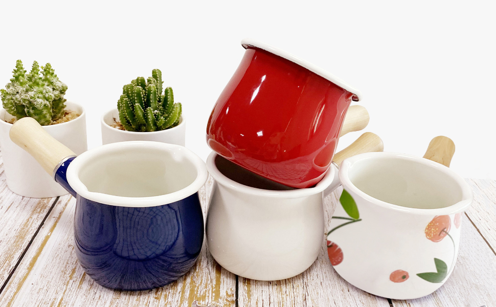 Enamel Milk Pan, Mini Butter Warmer 10cm Enamelware Saucepan Pan