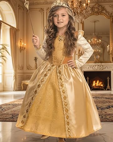 Gold and cream ornate princess-style dress displayed in an elegant room with ornate architectural details and warm lighting. Dress features embellished bodice and full skirt.