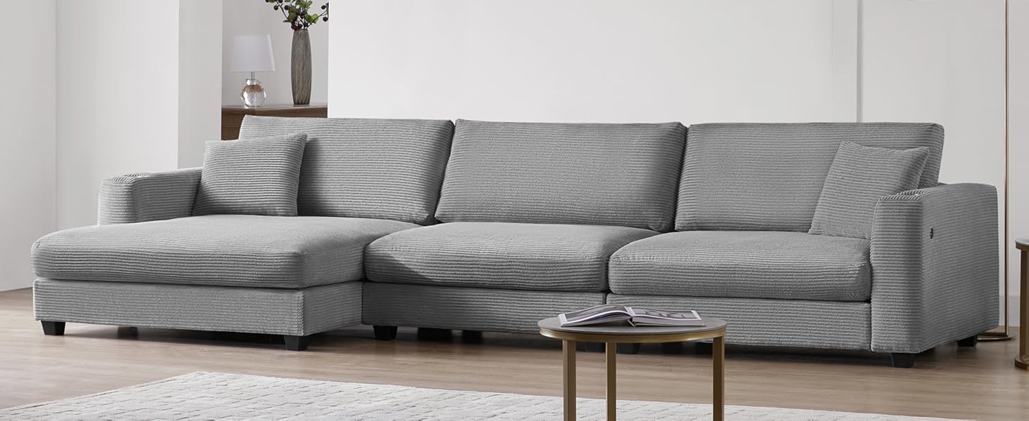Modern Oversized Corduroy Sectional Sofa with USB Charging