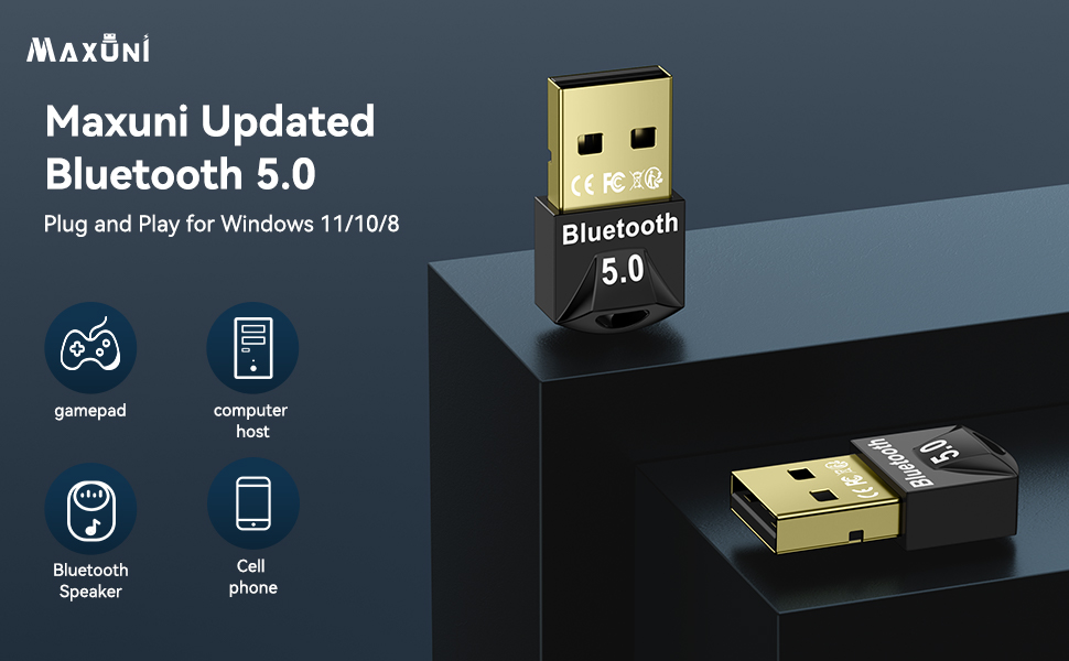 USB Bluetooth 5.0 Adapter Dongle for PC laptop, Maxuni Long Range