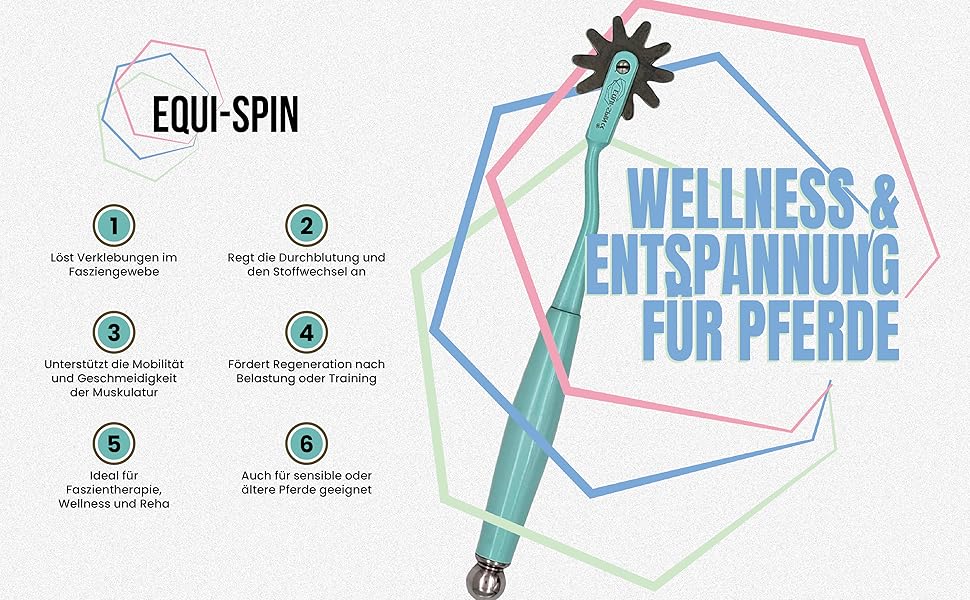 Der Text lautet „EQUI-SPIN“ und „WELLNESS & ENTSPANNUNG FÜR PFERDE“. Identische Marketinggrafik wie Bild 4, die das Branding von Wellnessprodukten für Pferde zeigt.