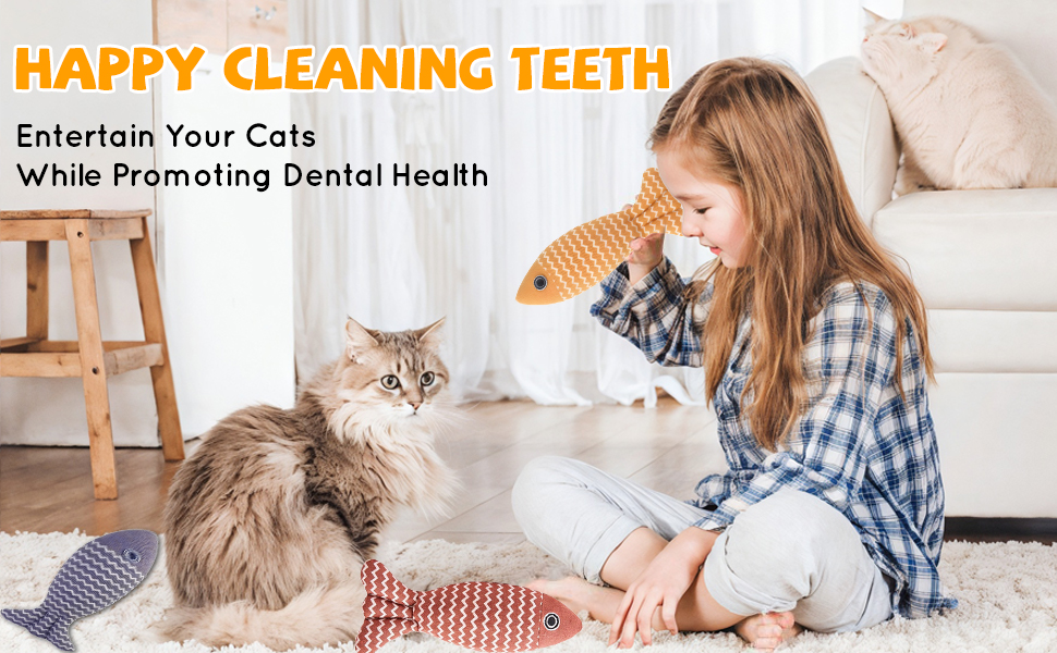 Kemowi 3pcs Catnip Toy, Fish Cat Toys For Indoor Cats Adult, Soft Linen Chew Toy, Kitten Teething Catnips Toy, 3 Color Fish Shaped Cat Interactive Toy, Red Navy Yellow 15 Happy playing and cleaning teeth