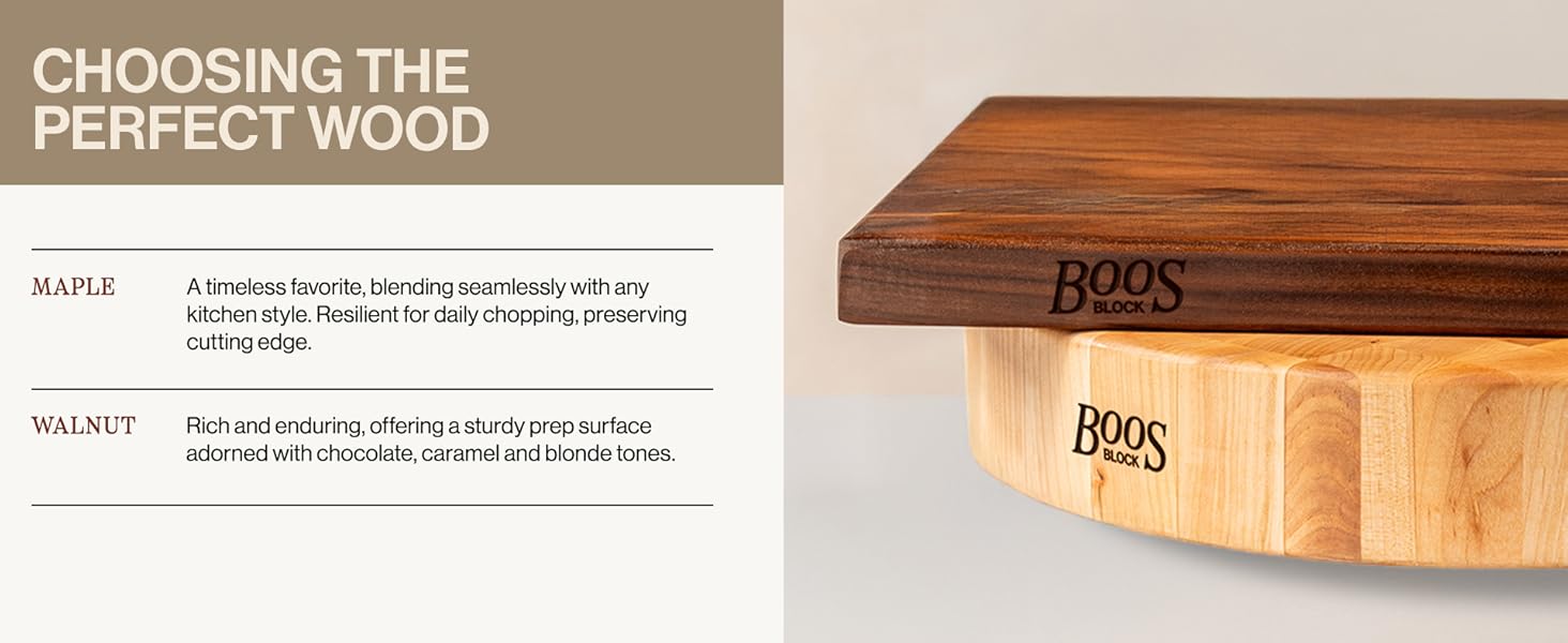 Image of stacked cutting boards in different thickness. Text reads: Choosing the Perfect Wood.