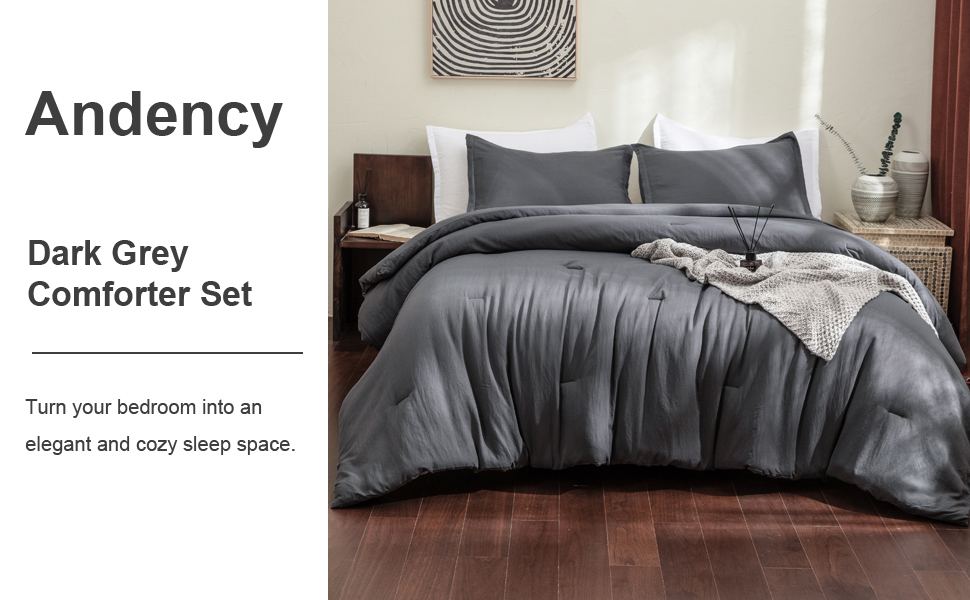 Andency Dark Grey Comforter Set Queen, 3 Pieces Boho Solid