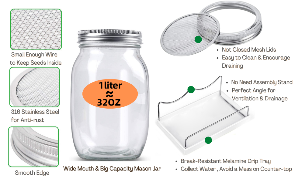 Vamotto 2 Pack Seed Sprouting Jar Kit1L Wide Mouth Quart Mason Jars