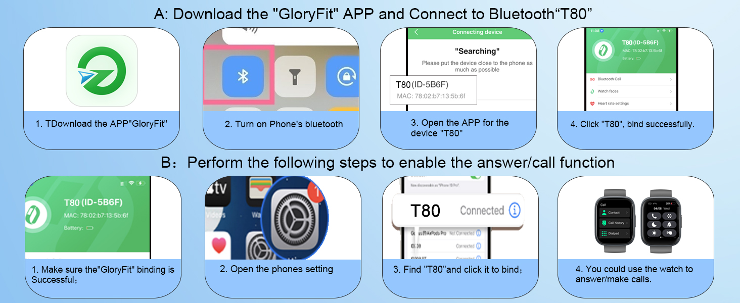 Instructional interface showing 8 numbered steps with icons and smartwatch screens, appears to be a setup or pairing guide.