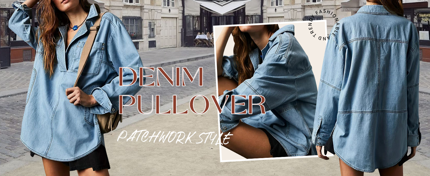 Women Long Sleeve Denim Pullover Jean Shirt V Neck Oversized Denim Shirt Hoodie Sweatshirt