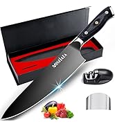 Series of product shots showing a black kitchen knife with red accent strip along the blade. Various angles demonstrate the knife's profile and cutting capabilities.