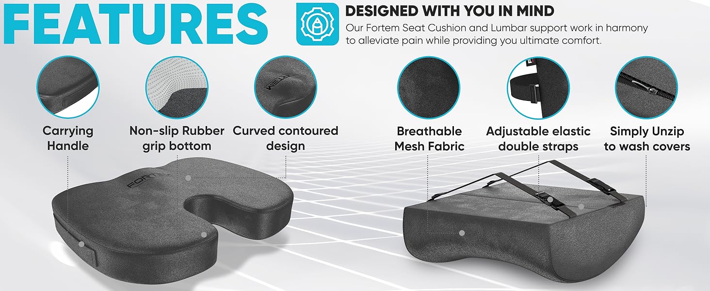 Features of both cushions showing buckles, cushion material non slip bottom and carrying handle