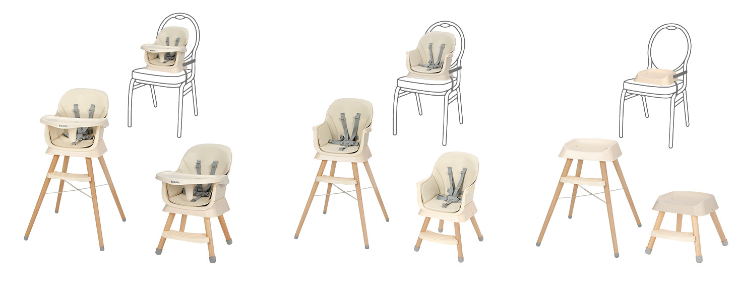Verschillende stijlen kinderstoelen, waaronder houten en transparante modellen met zachte zittingen in beige- en grijstinten.