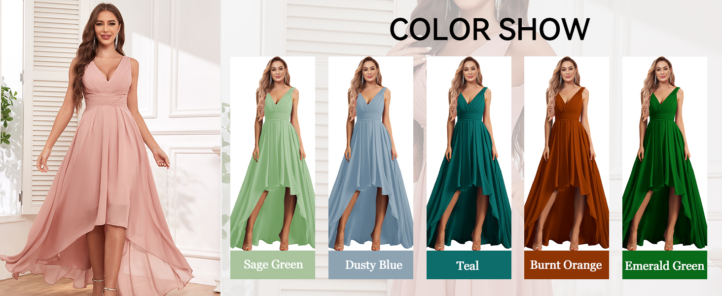 Ruched Bridesmaid Dresses Long with Pockets Chiffon V Neck Formal Gowns Evening Dresses for Women