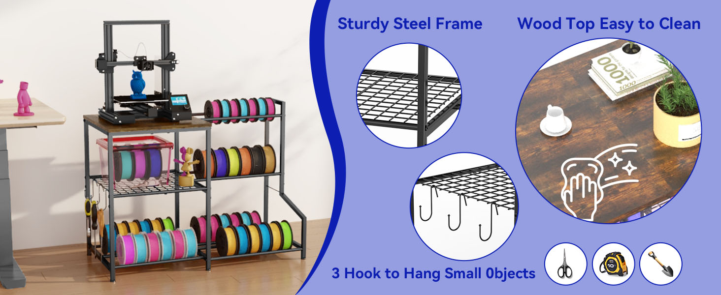 3D Printer Stand with Filament Storage Rack, 3D Printer Table with Shelves and 3-Tier Metal Spool Holder, Heavy-Duty 3D Filament Storage Stand for Workshop, Studio, or Office, Retro Brown 9 3d filament storage rack