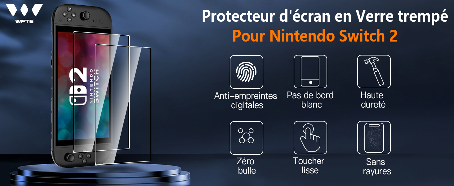 pour Nintendo Switch 2. Comprend un revêtement anti-empreintes digitales, une couverture bord à bord, une haute clarté, zéro bulle, une sensibilité au toucher et une résistance aux rayures. Produit présenté avec les icônes de l'appareil et des fonctionnalités.