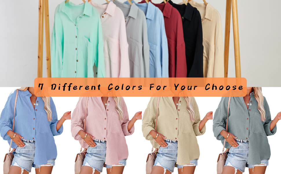Womens Long Sleeve Shirts V Neck Collared Oversized Blouses Casual Tops with Bust Pocket