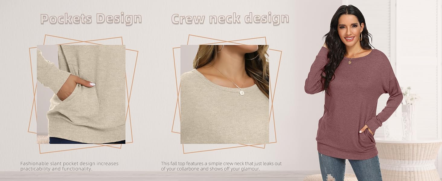 YSYOKOW Womens Fall Long Sleeve Shirts Casual Crew Neck Tunics Tops with Pockets