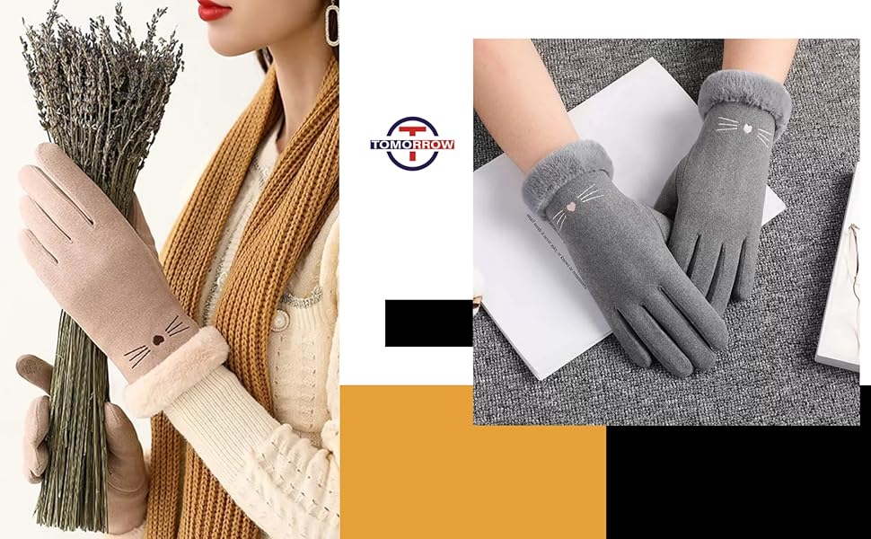 Black Winter Gloves for Women Cute Winter Gloves for Girls Cat Design Gloves for Women