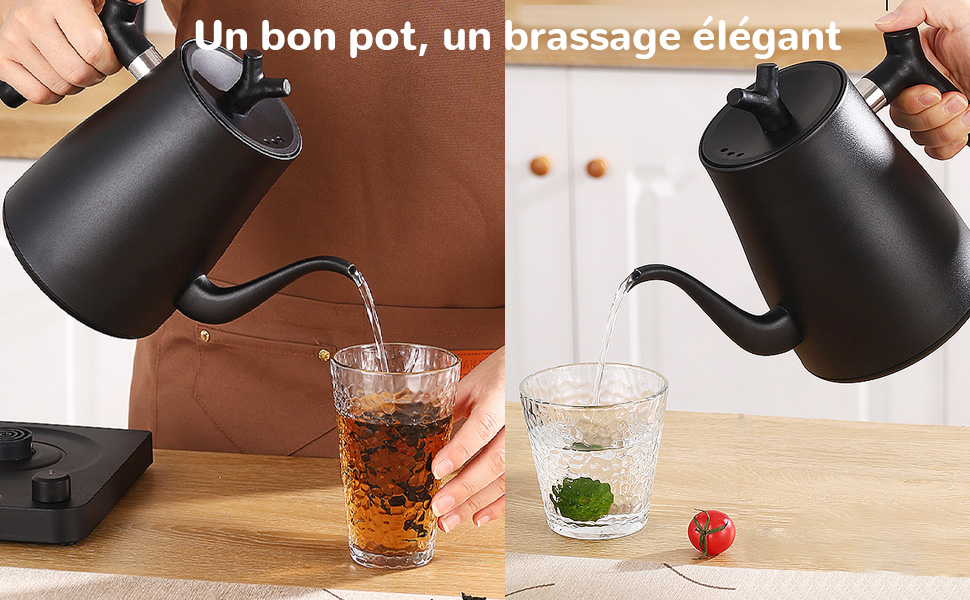 versant de l'eau chaude dans des tasses en verre. Le côté gauche montre la préparation du thé, le côté droit montre de l'eau versée sur une feuille de thé.