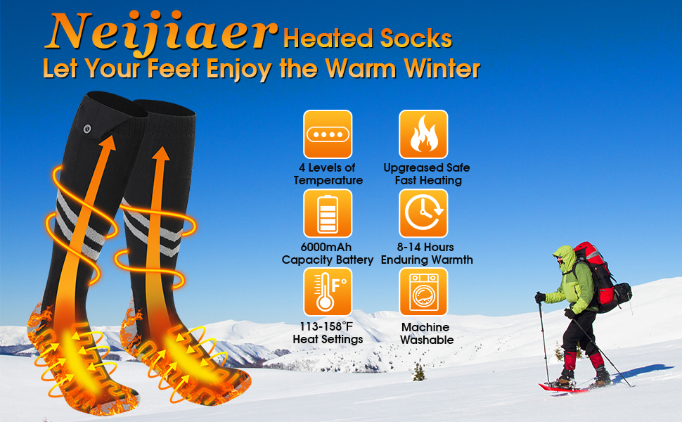Neijiaer Upgraded Heated Socks, 5V 6000mAh Rechargeable Electric Socks