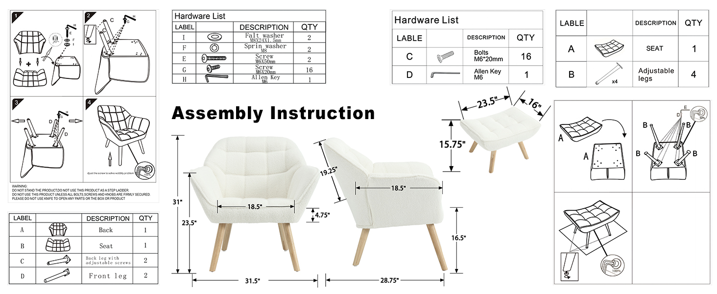 White Furry Accent Chair with Ottoman