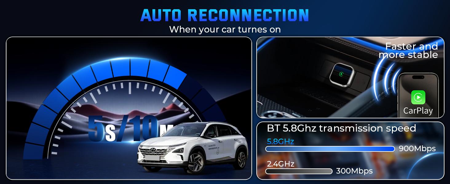 Text reads 'AUTO RECONNECTION'. Series of technical interface screens showing vehicle diagnostics and connectivity features with blue illuminated displays.