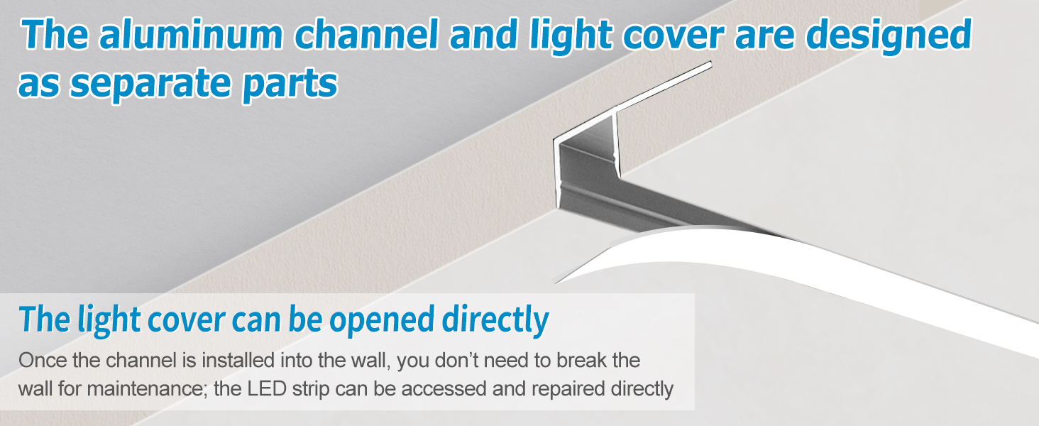 Text reads 'The aluminum channel and light cover are designed as separate parts'. Multiple images showing a curved aqua-colored channel or track system being mounted.