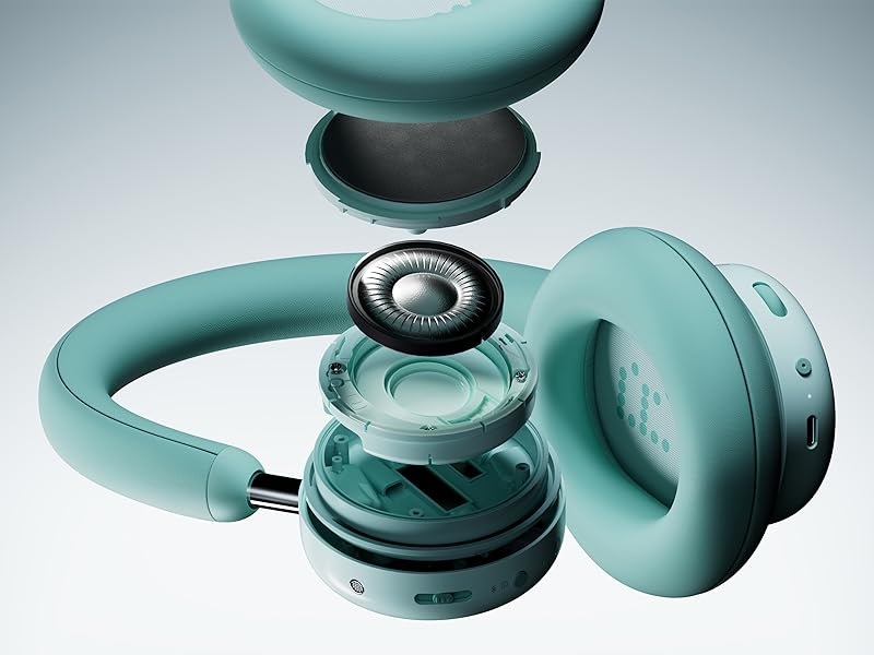 Múltiples vistas de componentes de plástico circulares de color verde azulado con varios mecanismos de conexión y piezas con bisagras dispuestas en una superficie azul claro.