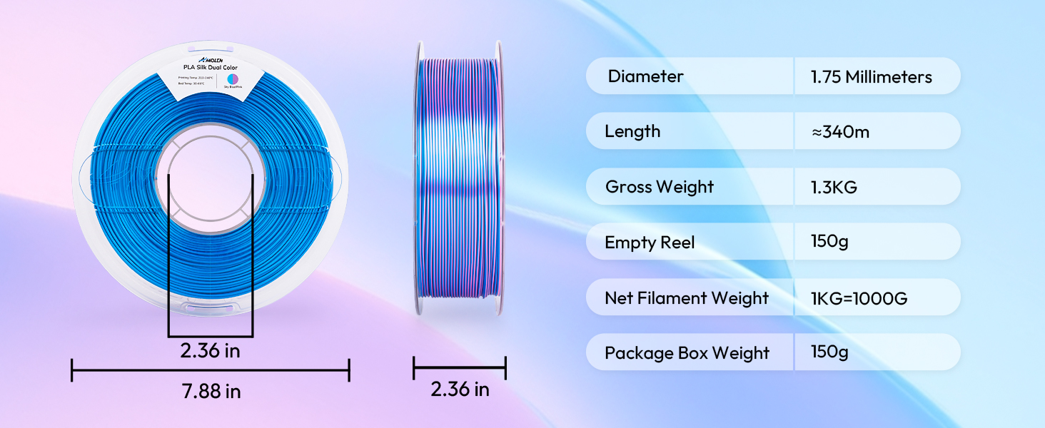 AMOLEN Silk PLA 3D Printer Filament, Dual Color Sky Blue Pink PLA 1.75mm Shiny Color Change Filament