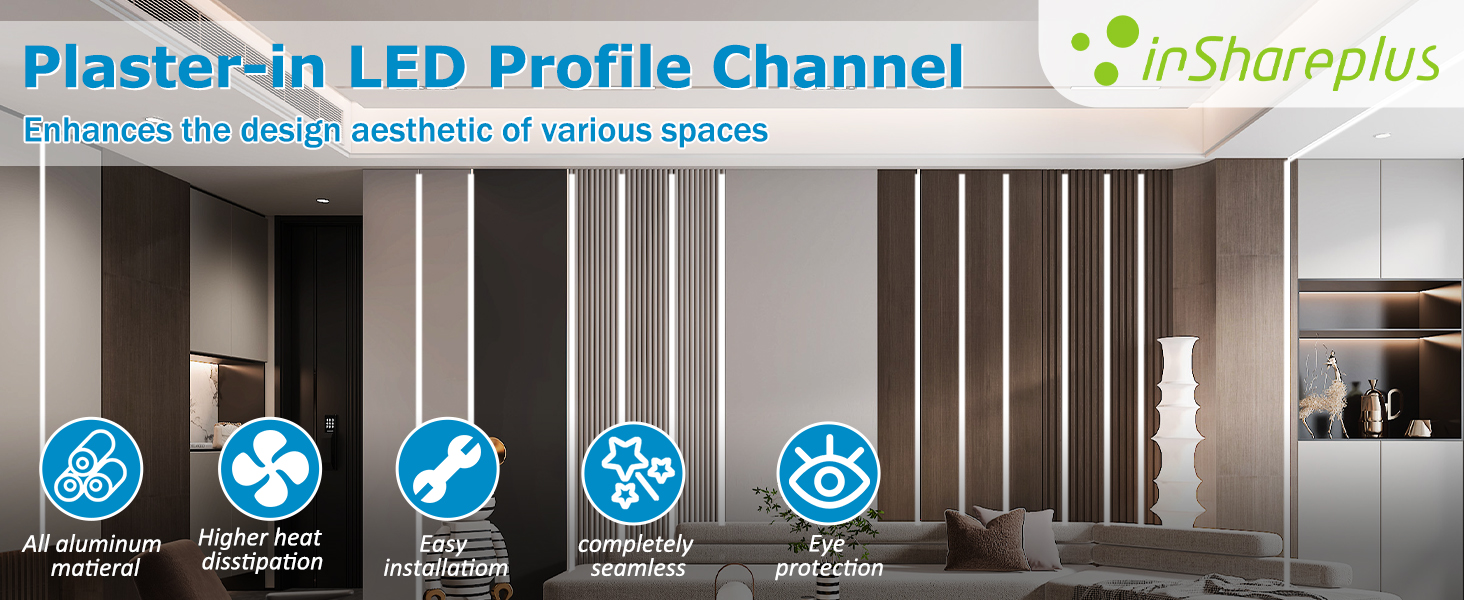 Text reads 'Plaster-In LED Profile Channel'. Modern interior lighting installation showing recessed LED strip lighting in ceiling creating ambient illumination.