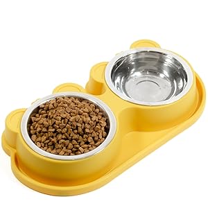 comedero gato doble de color amarillo con comida y agua