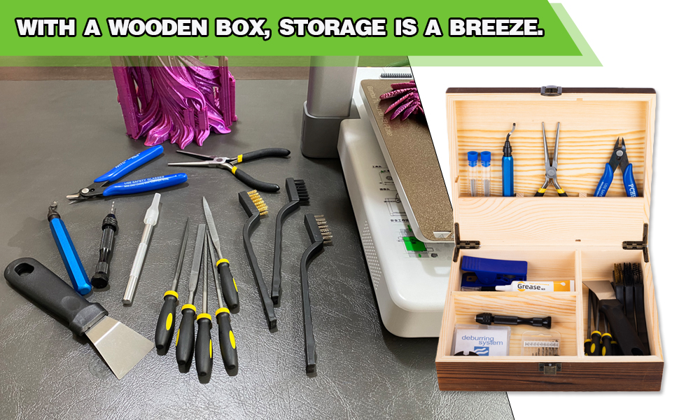 3D Printing Tool Set with Wood Box – 3D Printer Tools Features a deburring Tool, Wire Cutter, Drill, and Scraper for Model cleanup, Surface Smoothing, and Precise Drilling. 41 3d printer accessories