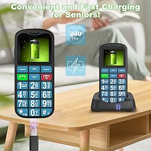 Text reads 'Convenient and Fast Charging for Seniors!' Mobile phone interface showing large, simplified number pad and charging indicators with bright green elements.