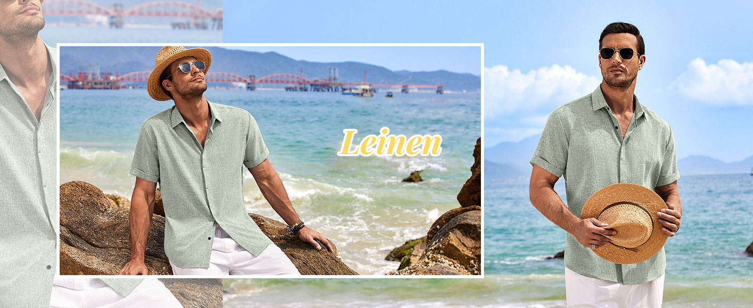Camicia in lino, camicia a maniche corte da uomo, camicie casual abbottonate vestibilità regolare, camicia estiva in lino da spiaggia_voghion.com