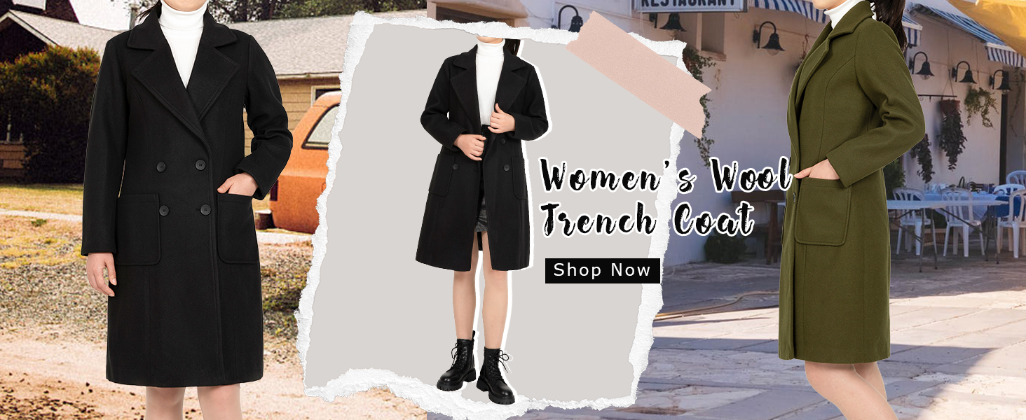 Women's Wool Trench Coat Double Breasted Pea Coat Nortched Laple Mid Long Wool Blend Overcoat