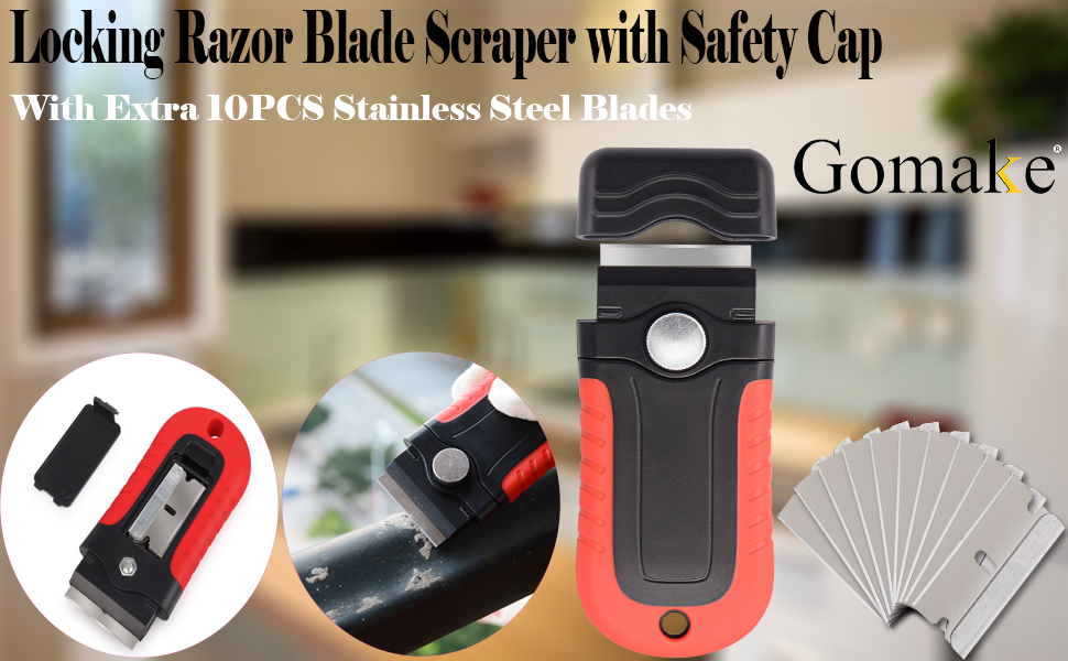 Gomake Locking Razor Blade Scraper with Safety Cap, Glass Cooktop Scraper with 10PCS Stainless