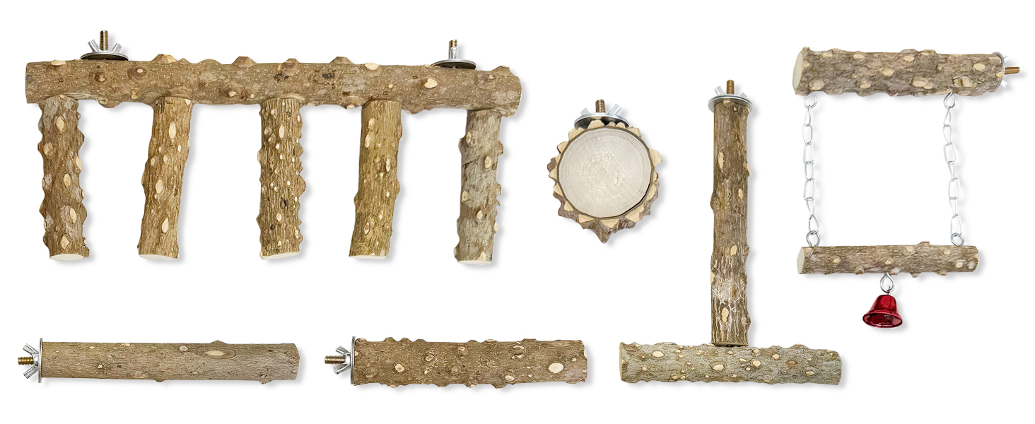 Package includes, 1pc ladder, 1pc T Shaped Perch, 1pc O Shaped Paltform, 1pc Swing, 2pcs Wood Perch