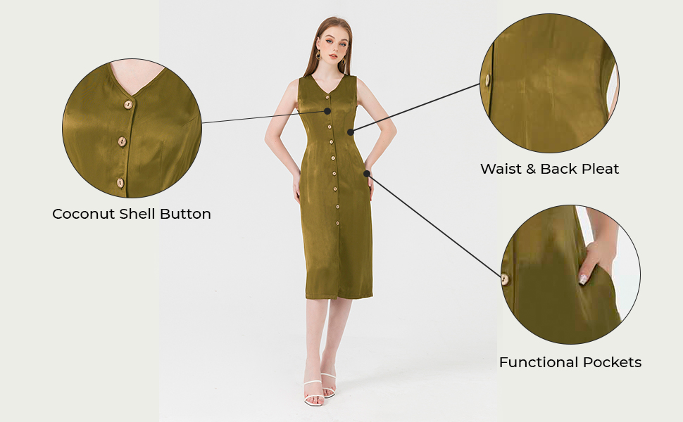 Lamer Sleeveless Vneck Button Closure Midi Dress for Business Casual Women