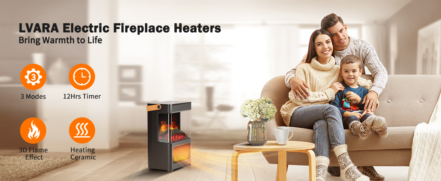 LVARA Electric Heater 2000W Electric Fireplace Flame Effect Space