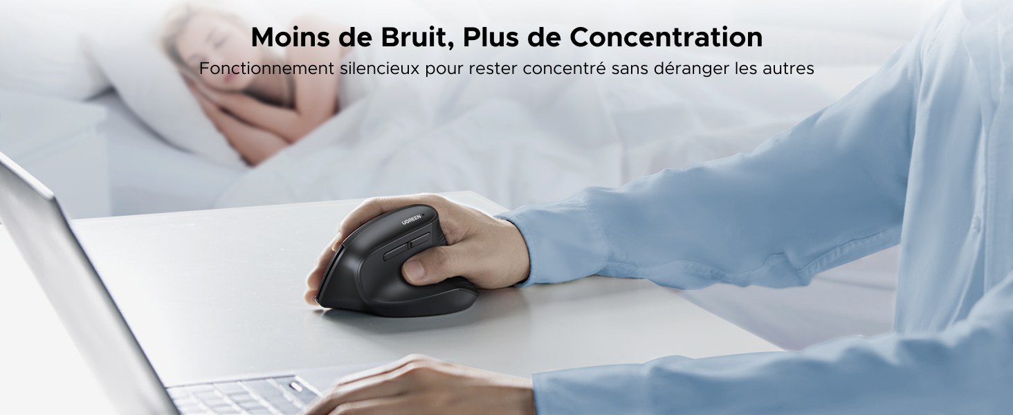 utilisée sur un bureau blanc. Le texte en français ci-dessus suggère qu'il réduit le bruit et améliore la concentration.