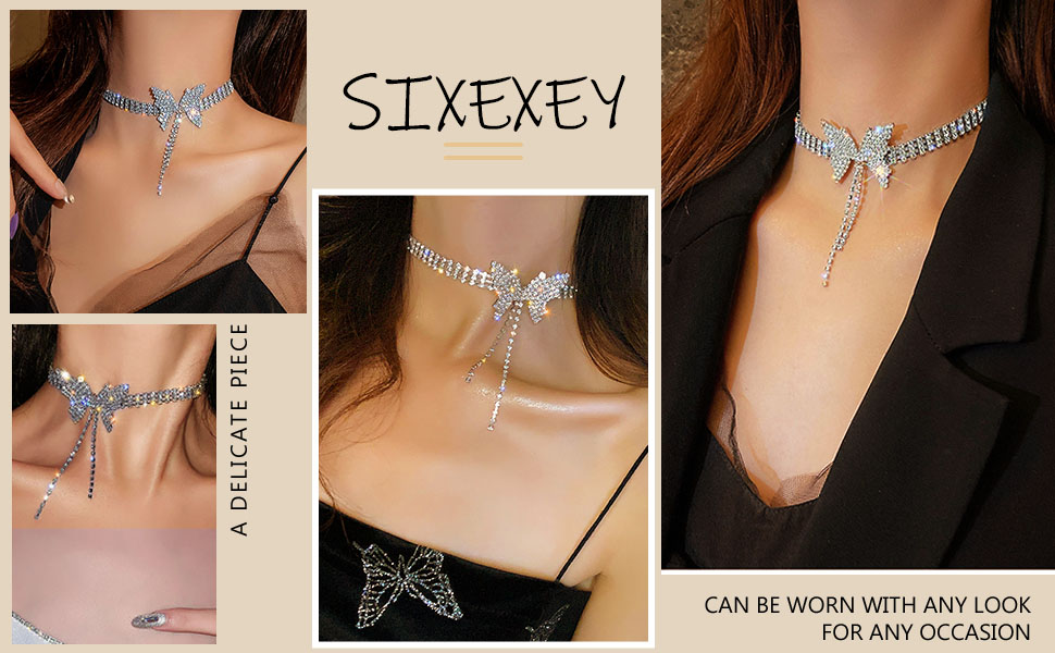 Sixexey Rhinestone Butterfly Choker Necklaces Silver Neck