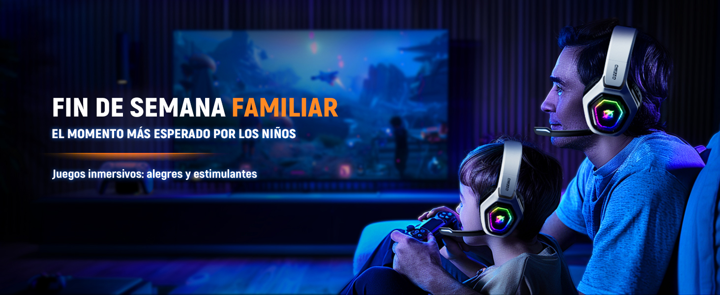 Configuración de entretenimiento que muestra la escena de los juegos con auriculares inalámbricos en uso sobre un fondo iluminado en azul