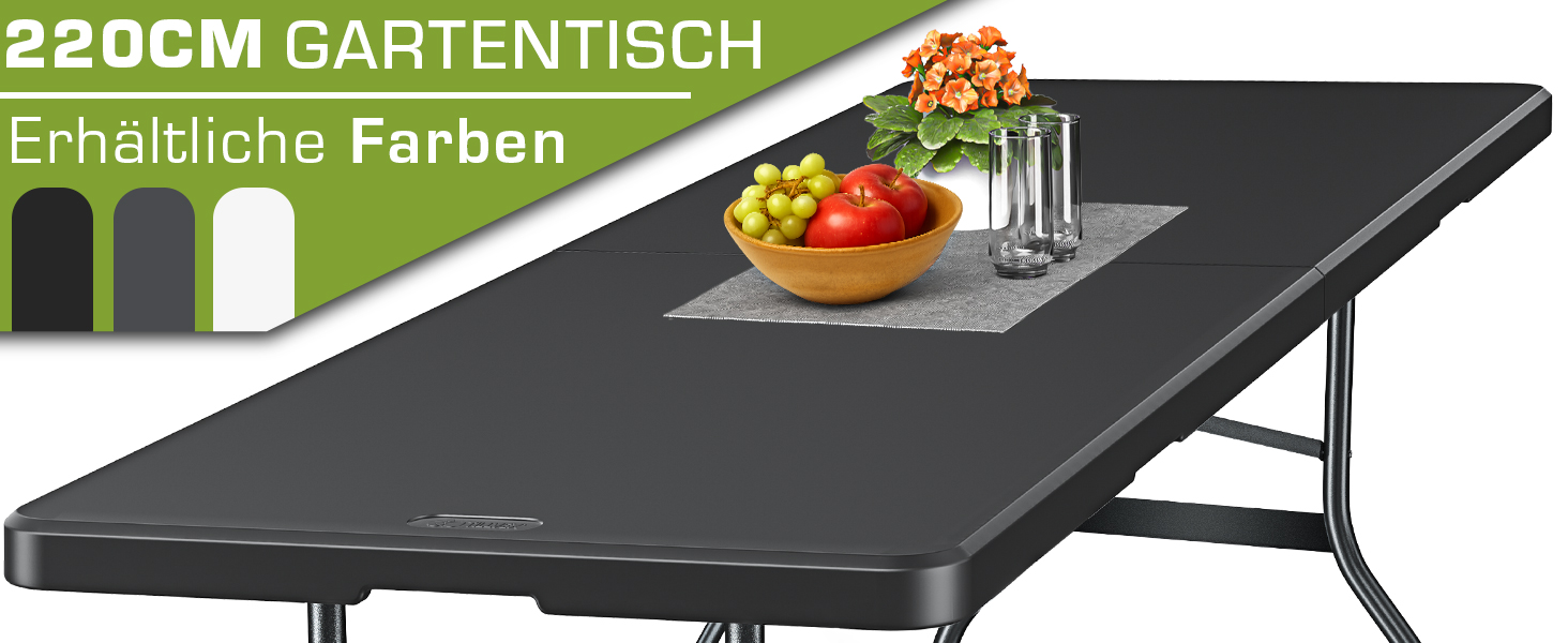 Der Text lautet „220CM GARTENTISCH“ und „Erhärtliche Farben“. Großer rechteckiger Gartentisch in dunkelgrauer oder schwarzer Ausführung.