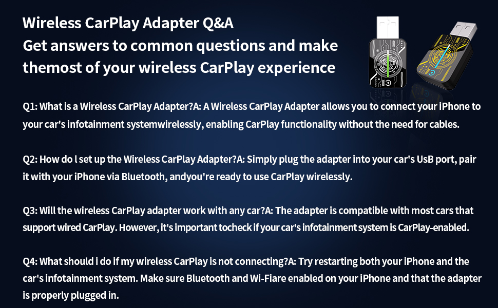 Text reads 'Wireless CarPlay Adapter Q&A' followed by detailed product information and instructions in black text on white background.